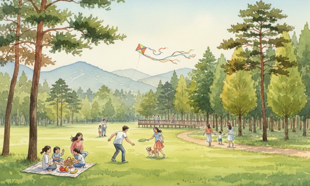 안면도 자연휴양림에서 여러 가족이 잔디밭과 산책로에서 피크닉과 여가 활동을 즐기는 평화로운 모습