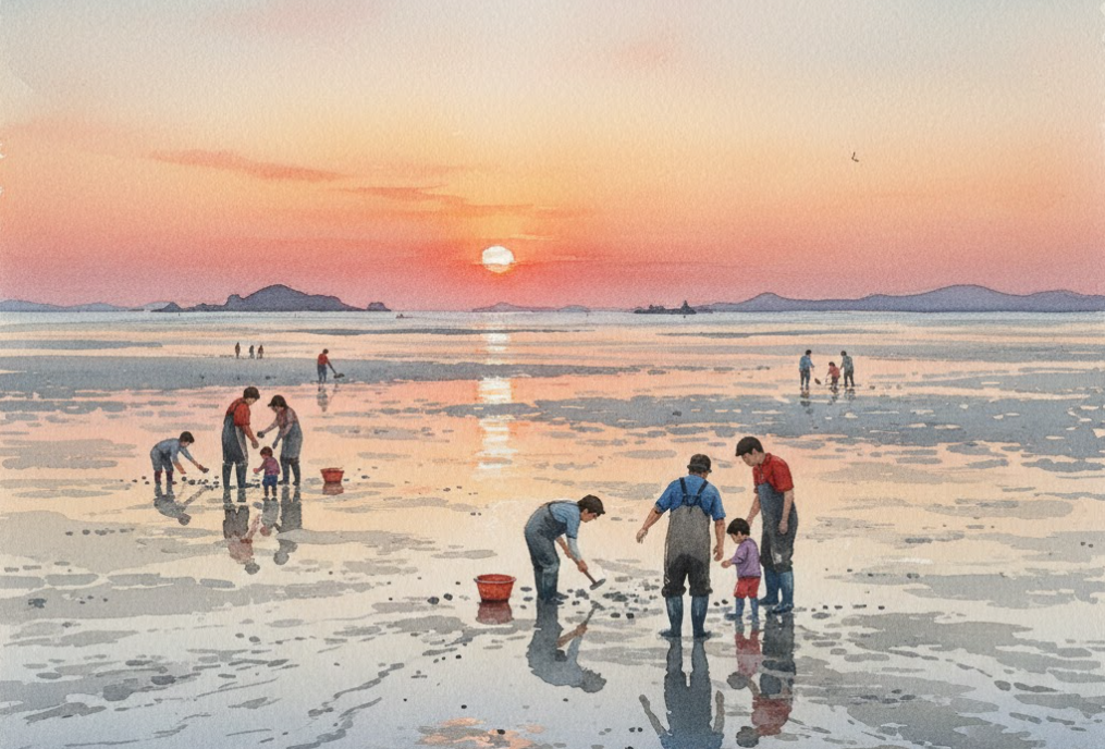 태안 갯벌 체험하는 가족들