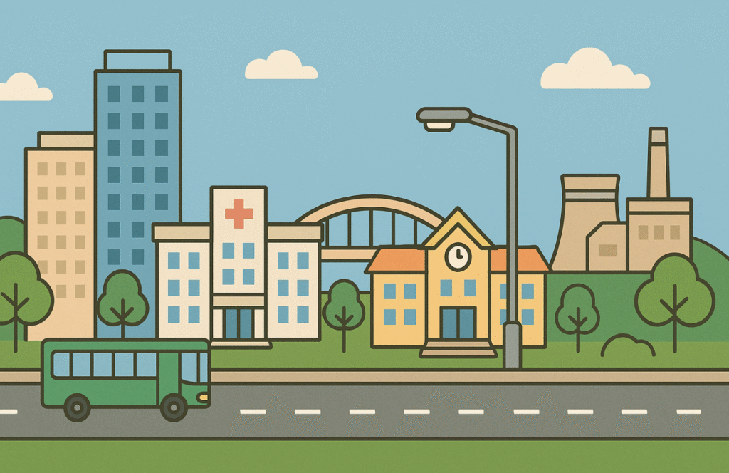 병원, 학교, 도로, 버스 등 도시 기반 시설을 표현한 16:9 일러스트 이미지