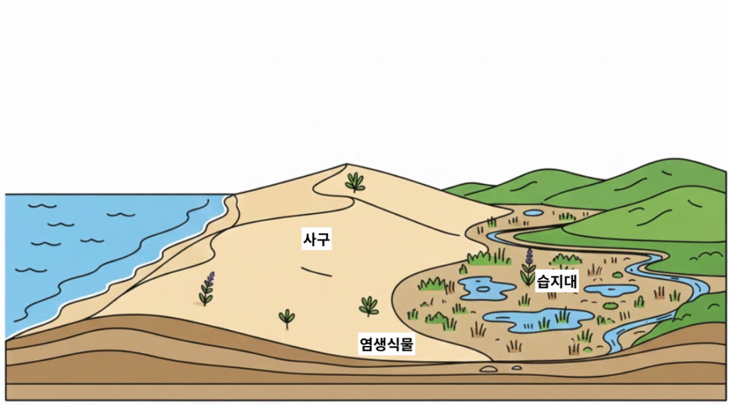해안 사구 생태계 단면도 일러스트. 바다, 모래언덕, 습지대, 그리고 염생식물 아이콘을 포함한 16:9 비율의 컬러 그림