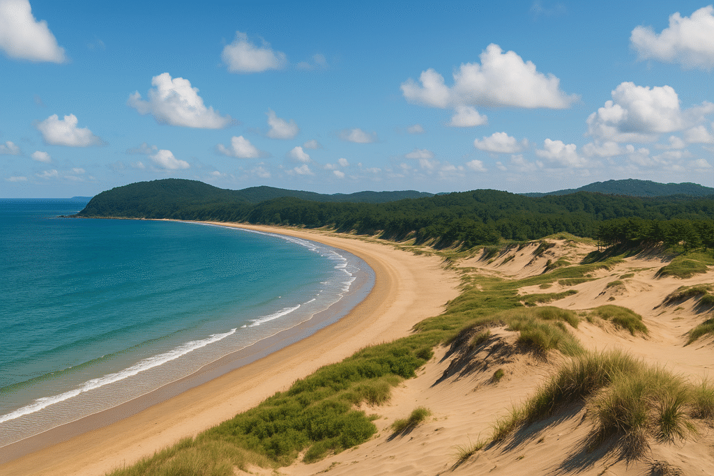 태안 신두리 해안사구 이미지 – 사구 능선과 곡선형 해안선