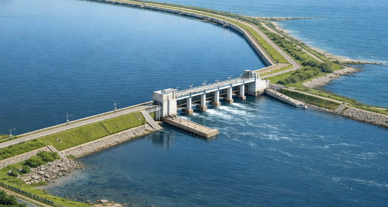 서산 간월호 방조제와 수문을 중심으로 한 담수 관리 구조 이미지