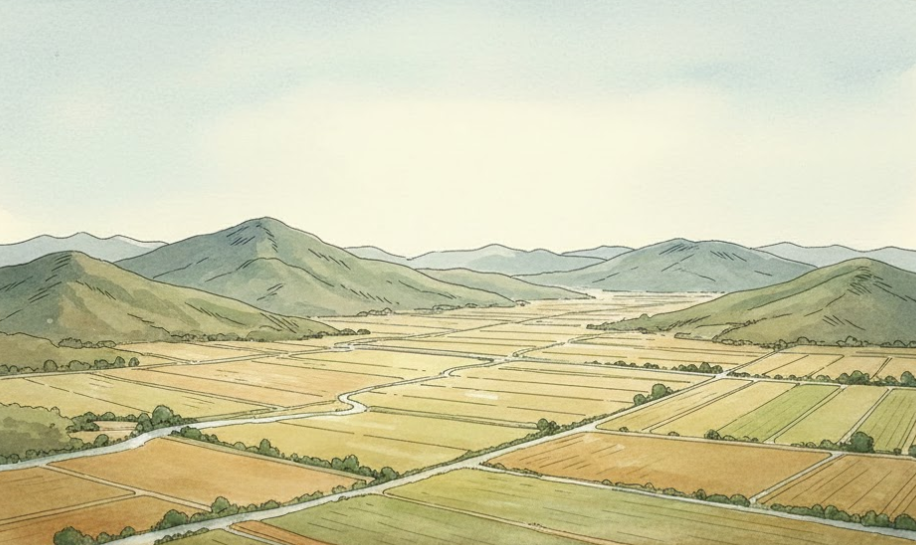 서산 지역 내륙 산지와 평야 구조를 표현한 풍경 이미지
