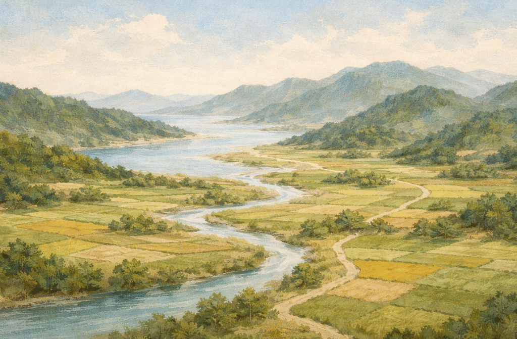 고려와 조선 시대 군현 행정 구조를 상징적으로 표현한 이미지
