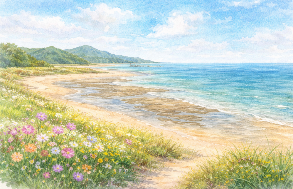 봄철 태안 해안가 야생화와 갯벌 풍경
